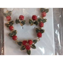 Dyed coral roses with small jade leaves with gold plated chain and earrings